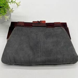 Vintage 60s Ande Gray Suede Clutch Purse Brown Plastic Handle MCM Mod